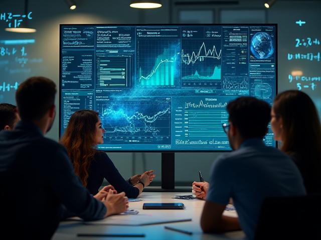 Et team som samarbeider rundt en datamaskin, med fokus på analyse og innovasjon